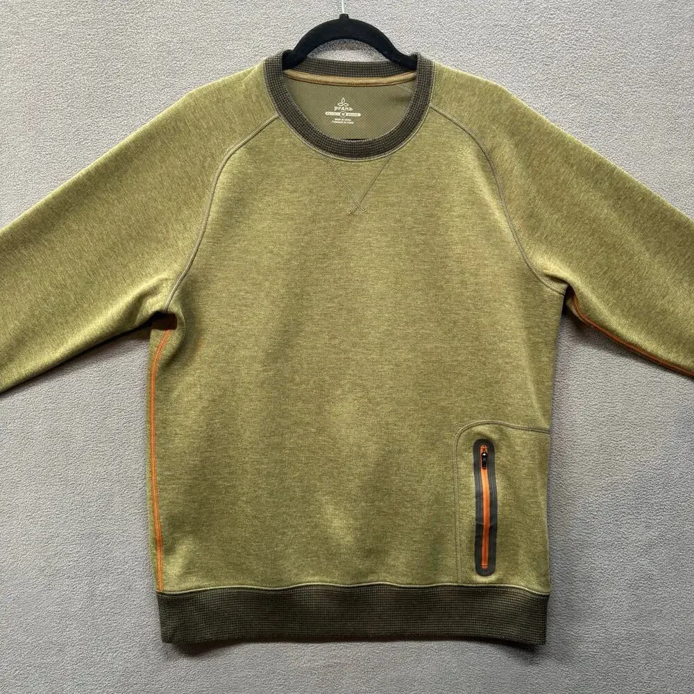 Prana Halgren Pullover Long Sleeve Crew Mens M Cargo Green Heather Zipper Pocket